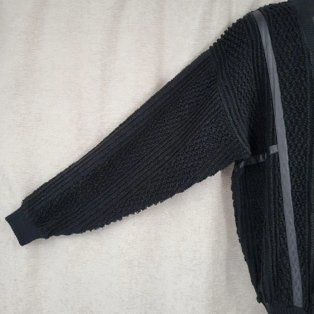 Eclectic Grandpacore Vintage Terry Knit Sweater Cardigan with Leather Trim